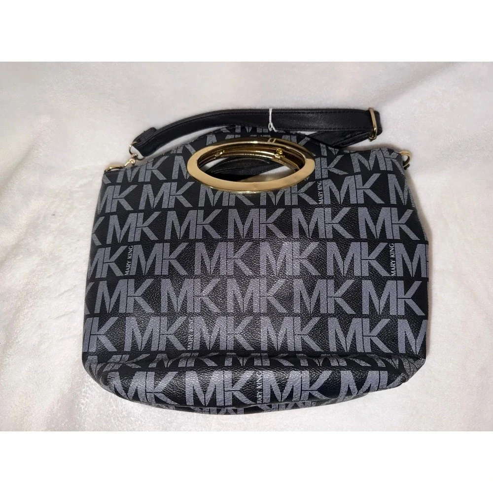 Mary King Monogram Satchel Handbag Black Grey MK Print Gold Metal Ring Handle